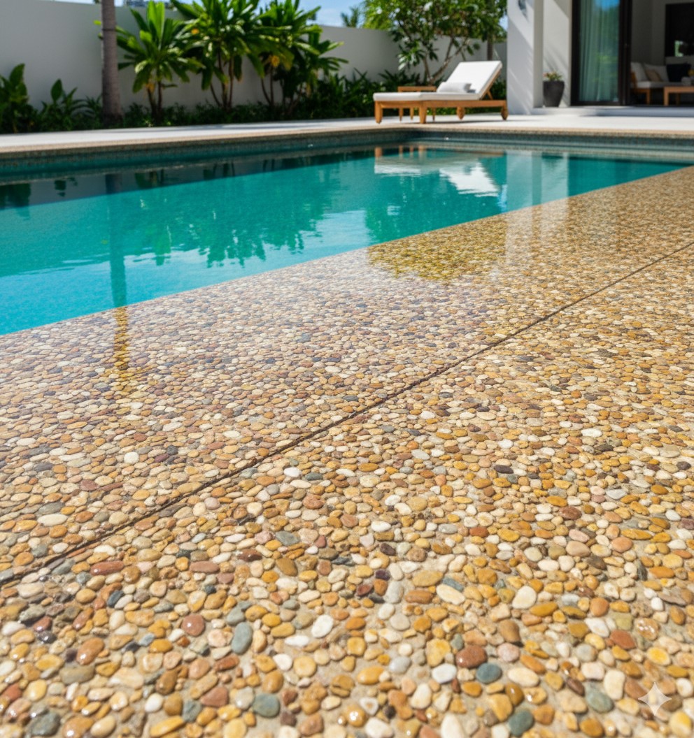 Swimming Pool Decking With Natural Stones & Pebbles